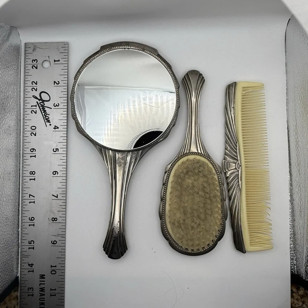 Vintage 3pc Vanity Set‎ Art Deco Silver Tone Hand Mirror Hair Brush Comb Shell